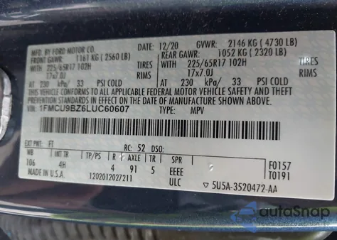 2020 Ford Escape Se Sport Hybrid from USA, damaged, VIN 1FMCU9BZ6LUC60607